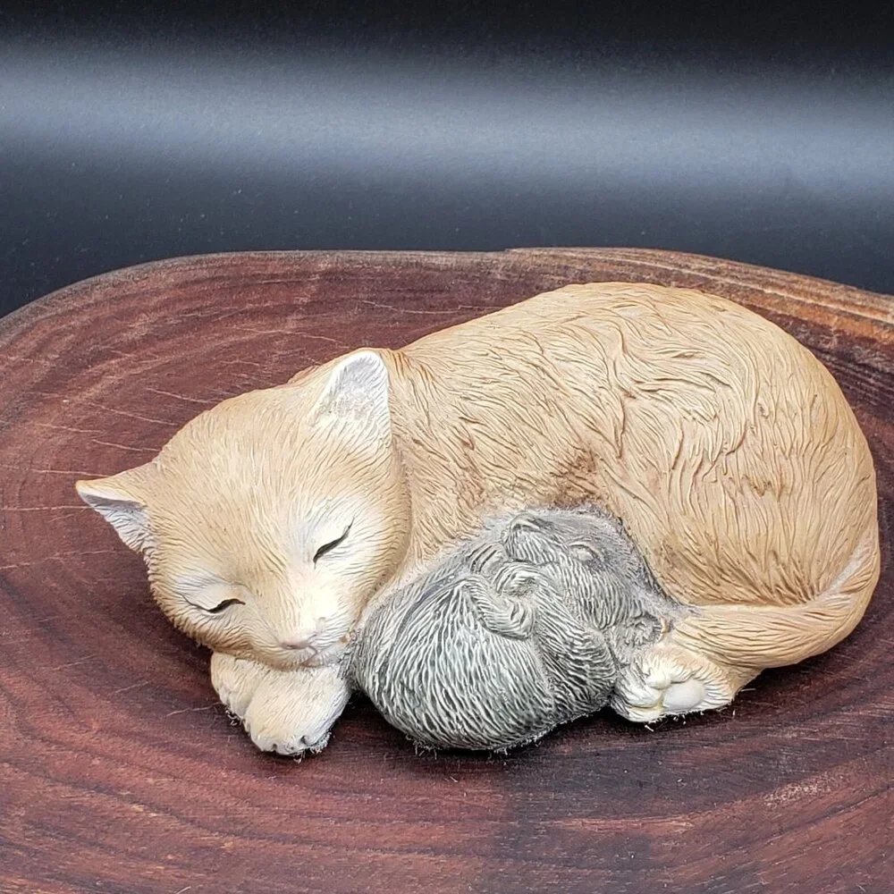 VTG Resin Cat Figurine Sleeping Orange Tabby & Mouse Taiwan 5.5